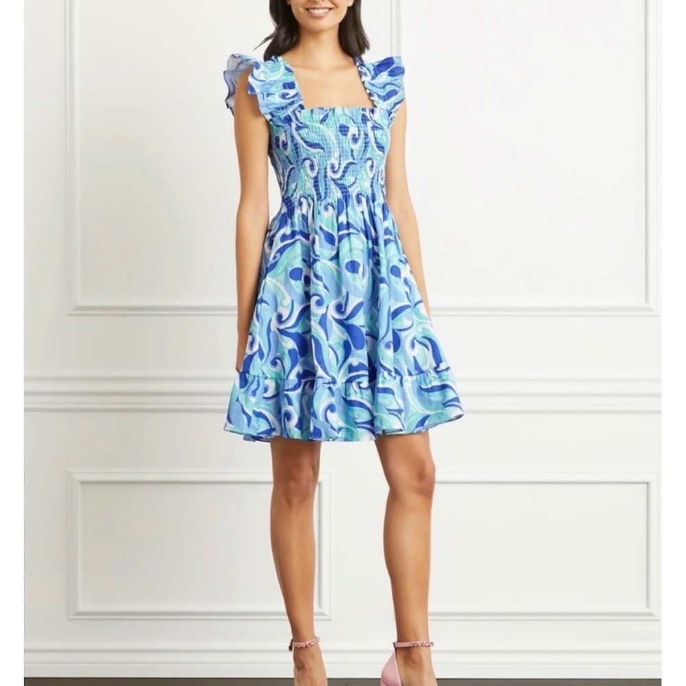 Hill‎ House Elizabeth Nap Dress 100% Linen Kaleidoscope Blue Ruffle Mini XS